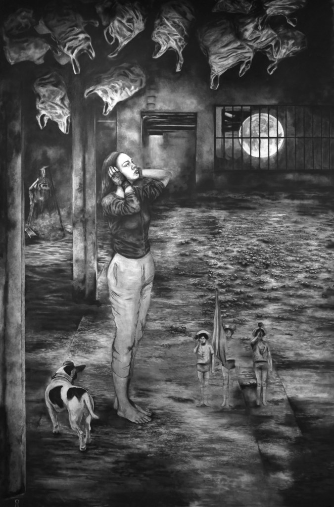 Destination Lune, Fusain sur papier, 226 x 150 cm, 2020-2021.